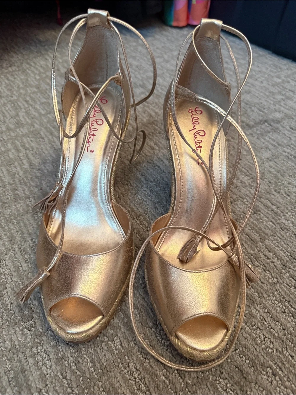 Lilly Pulitzer Metallic Gold Lace-Up Peep-Toe Wedges